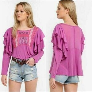 FREE PEOPLE WISTERIA EMBROIDERED LONG SLEEVE LA CIENEGA PURPLE PINK MESH TOP S
